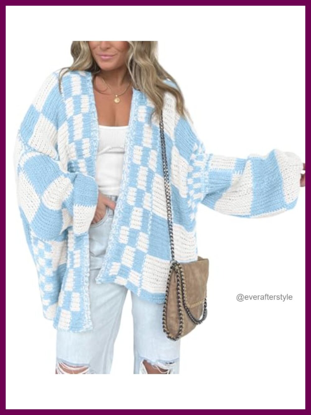 Womens Open Front Checkered Cardigan Sweater Ribbed Knit Long Sleeve